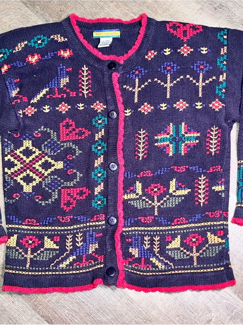 Bryn Connelly vtg sweater cardigan small floral geometric embroidery cottagecore